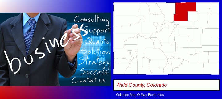 typical business services and concepts; Weld County, Colorado highlighted in red on a map