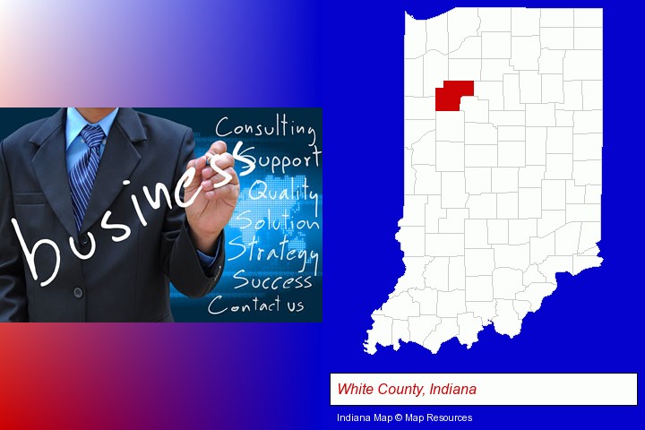 typical business services and concepts; White County, Indiana highlighted in red on a map