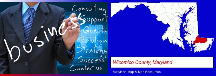 typical business services and concepts; Wicomico County, Maryland highlighted in red on a map