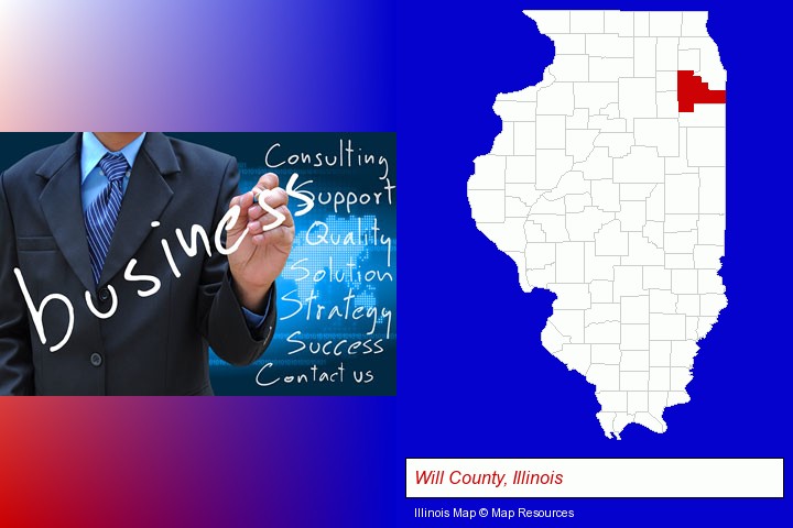 typical business services and concepts; Will County, Illinois highlighted in red on a map