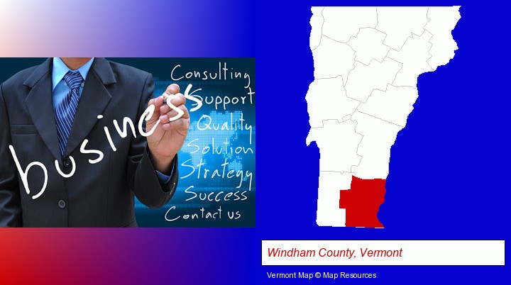 typical business services and concepts; Windham County, Vermont highlighted in red on a map