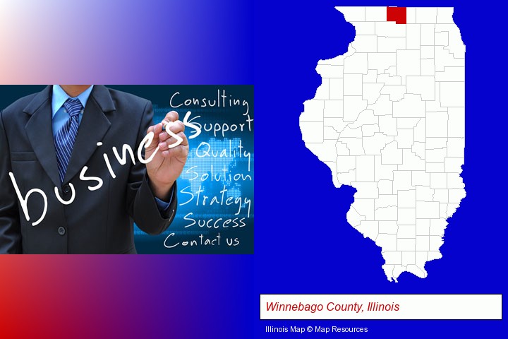 typical business services and concepts; Winnebago County, Illinois highlighted in red on a map