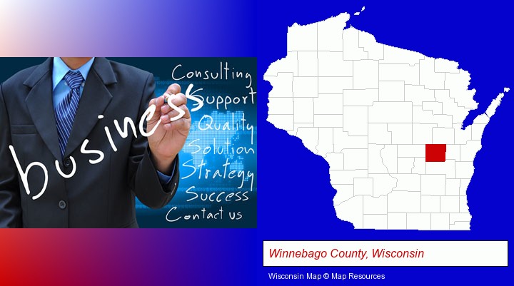 typical business services and concepts; Winnebago County, Wisconsin highlighted in red on a map