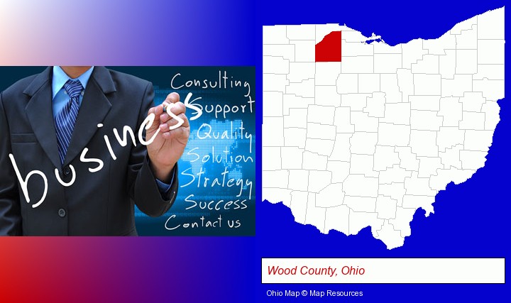 typical business services and concepts; Wood County, Ohio highlighted in red on a map