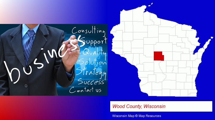 typical business services and concepts; Wood County, Wisconsin highlighted in red on a map