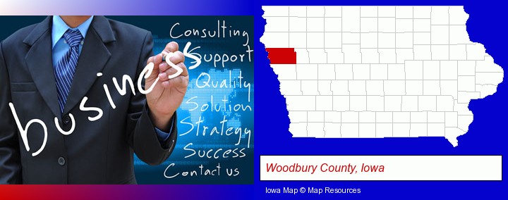 typical business services and concepts; Woodbury County, Iowa highlighted in red on a map