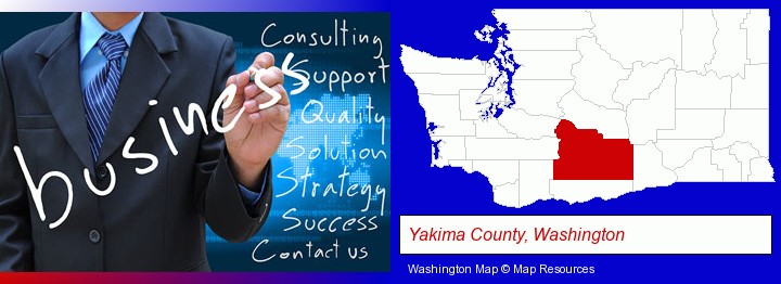 typical business services and concepts; Yakima County, Washington highlighted in red on a map