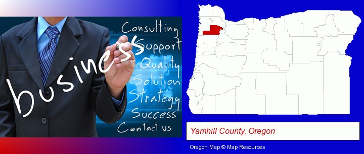 typical business services and concepts; Yamhill County, Oregon highlighted in red on a map