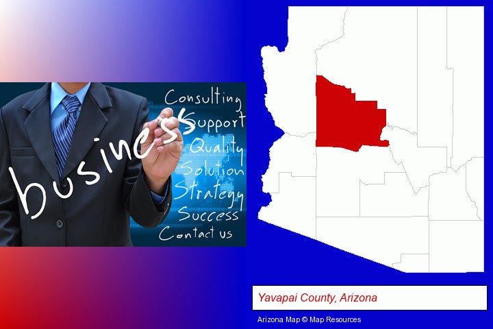 typical business services and concepts; Yavapai County, Arizona highlighted in red on a map
