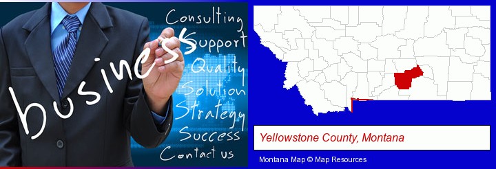 typical business services and concepts; Yellowstone County, Montana highlighted in red on a map