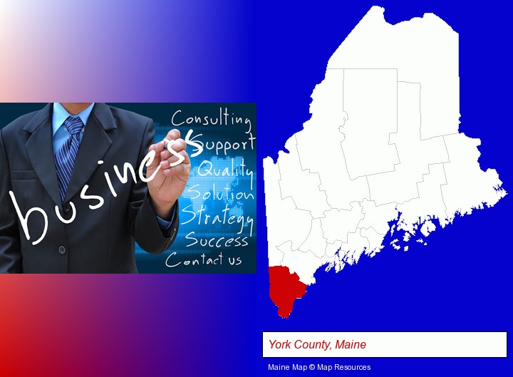 typical business services and concepts; York County, Maine highlighted in red on a map