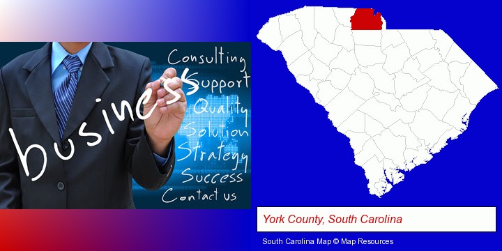 typical business services and concepts; York County, South Carolina highlighted in red on a map