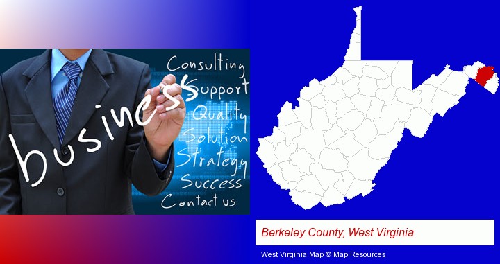 typical business services and concepts; Berkeley County, West Virginia highlighted in red on a map