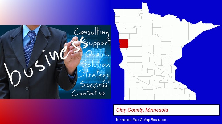 typical business services and concepts; Clay County, Minnesota highlighted in red on a map
