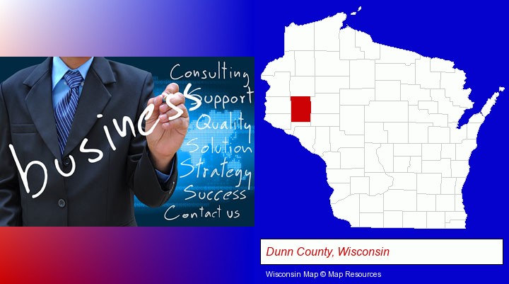 typical business services and concepts; Dunn County, Wisconsin highlighted in red on a map