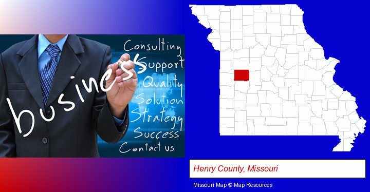 typical business services and concepts; Henry County, Missouri highlighted in red on a map