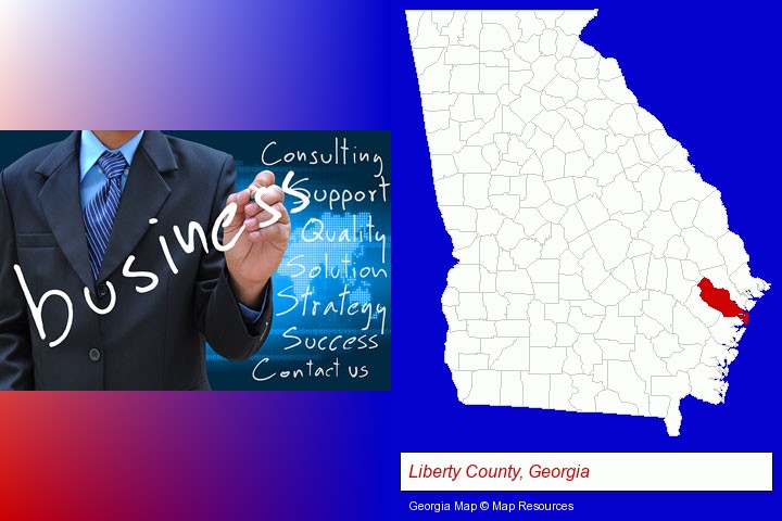 typical business services and concepts; Liberty County, Georgia highlighted in red on a map