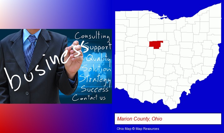 typical business services and concepts; Marion County, Ohio highlighted in red on a map