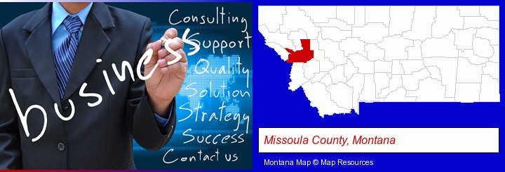 typical business services and concepts; Missoula County, Montana highlighted in red on a map