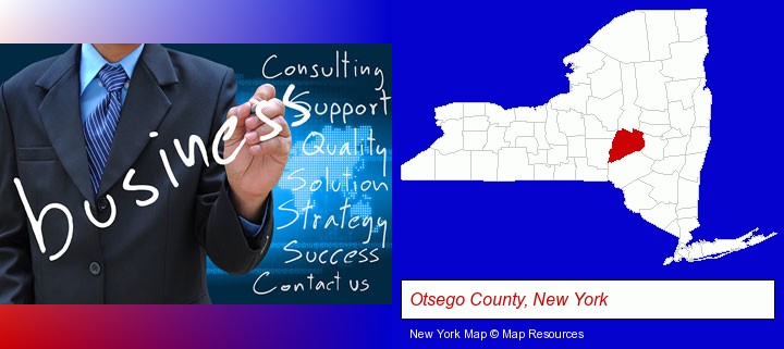 typical business services and concepts; Otsego County, New York highlighted in red on a map