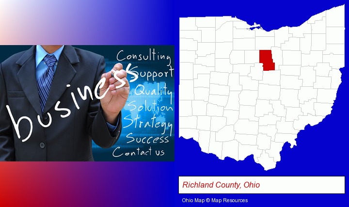 typical business services and concepts; Richland County, Ohio highlighted in red on a map