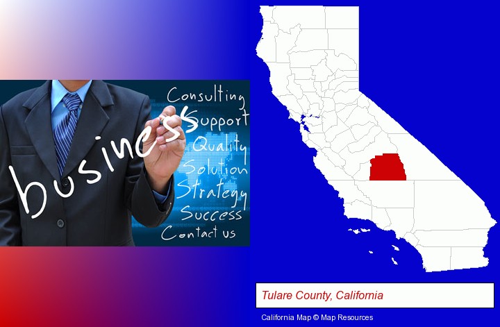 typical business services and concepts; Tulare County, California highlighted in red on a map